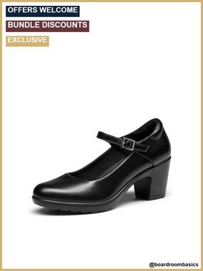 Mary Jane Arch Support Heels - Low Chunky Block Heel Pumps with Faux Leather,